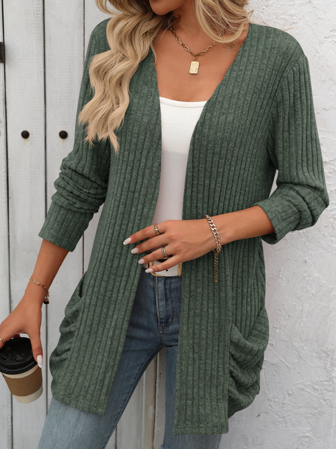 Mandy Open Front Long Sleeve Ribbed Cardigan 