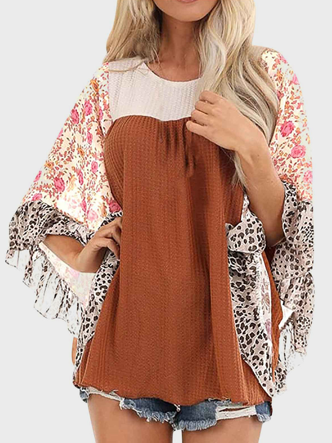 Full Size Printed Round Neck Three-Quarter Sleeve Blouse 