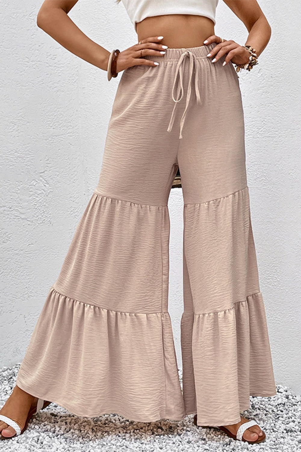 Perfee Drawstring Waist Tiered Flare Culottes 