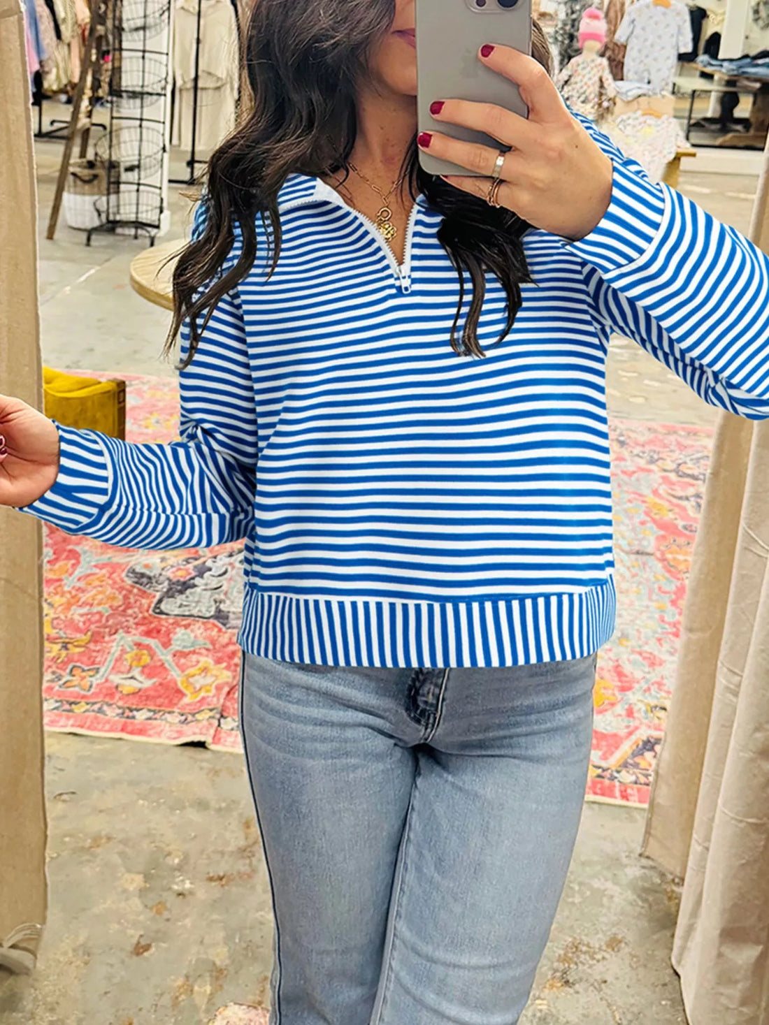 Stripe Quarter Zip Collar Long Sleeve Top 