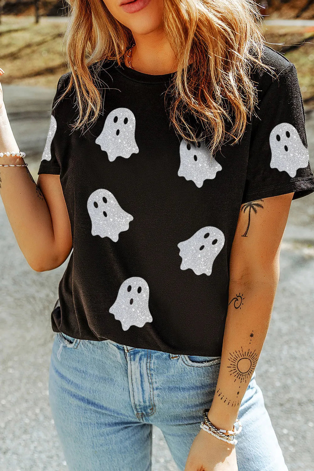 Glitter Ghost Round Neck Short Sleeve T-Shirt 