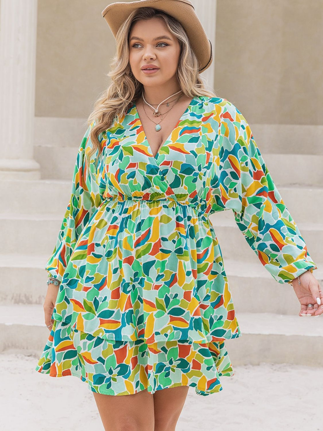 Plus Size Printed Surplice Long Sleeve Mini Dress 
