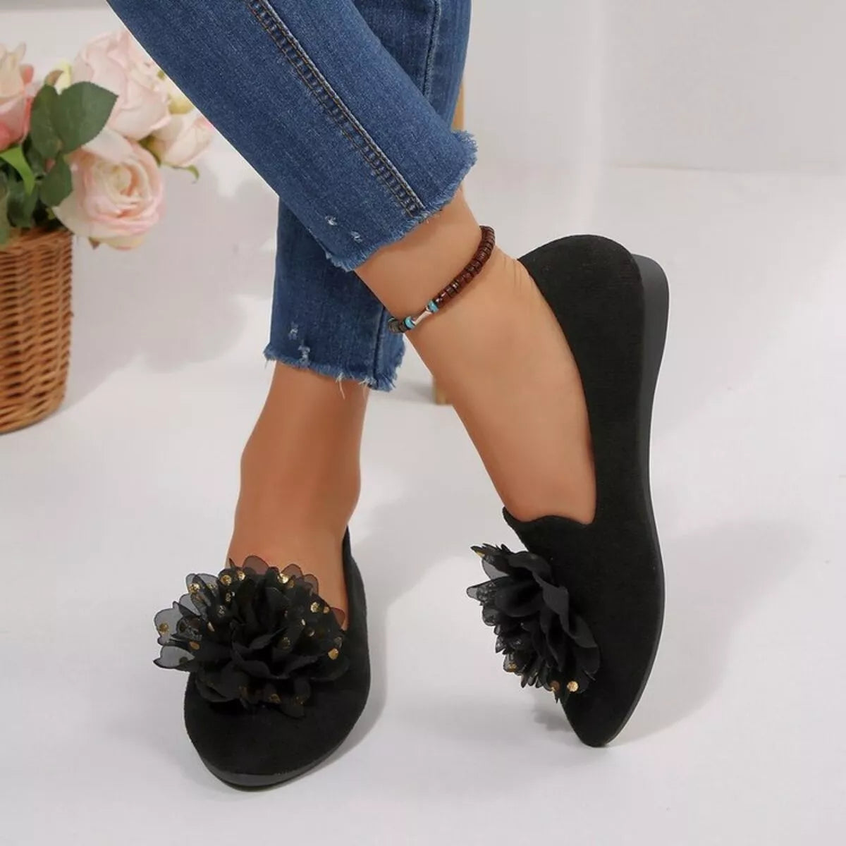 Flower Point Toe Slip-Ons 