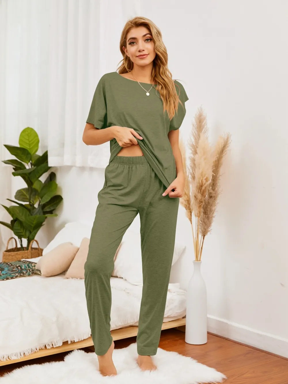 Boat Neck Top and Pants Lounge Set Lingerie & Nightwear