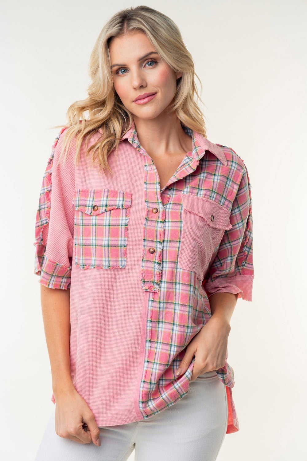White Birch Plaid Color Block Half Button Top 