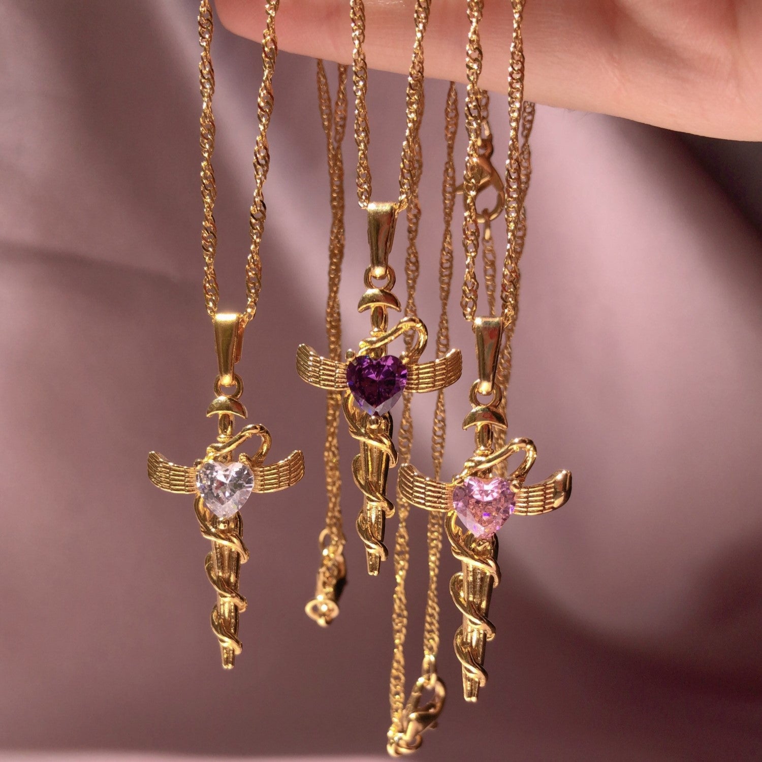 Copper Zircon Cross Pendant Necklace 