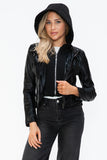 Snobbish Faux Leather Zip Up Drawstring Hooded Jacket 
