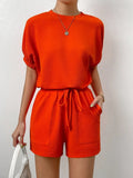 Waffle-Knit Round Neck T-Shirt and Pocketed Shorts Lounge Set Lingerie & Nightwear