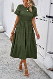Devine Smocked Round Neck Short Sleeve Midi Dress 