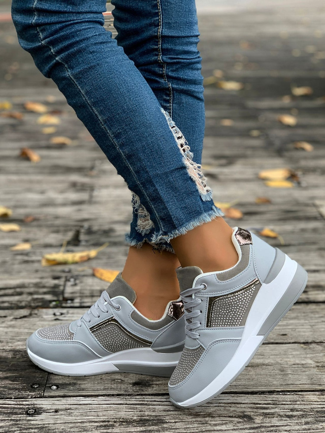 Lace-Up Rhinestone Wedge Sneakers 