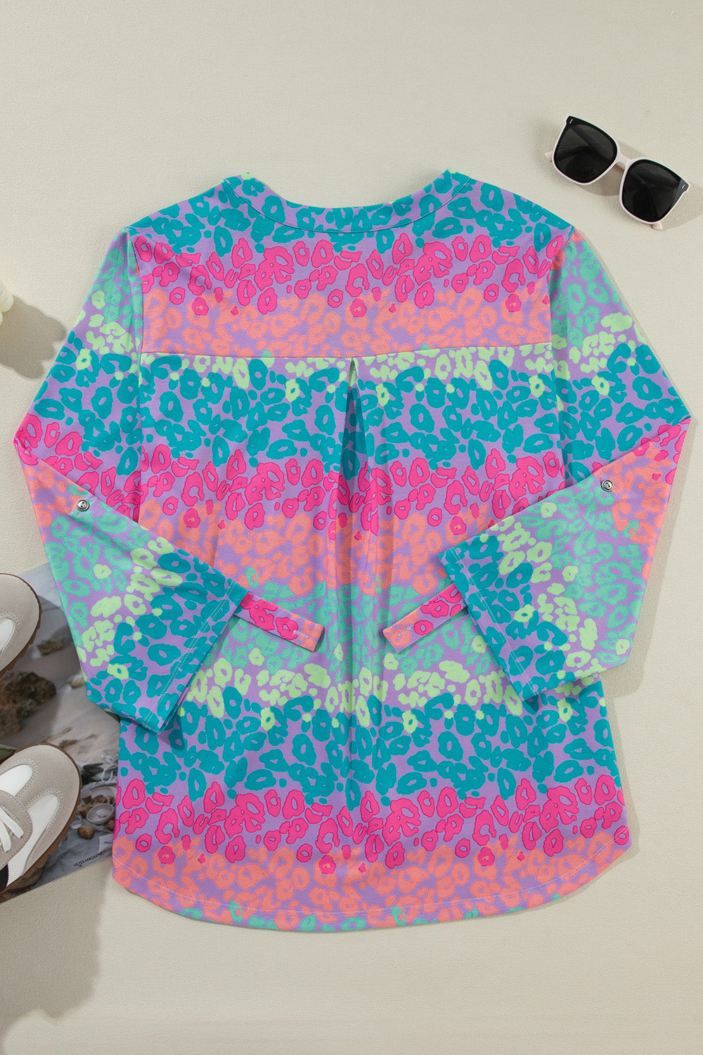 Plus Size Leopard Notched Long Sleeve Blouse 