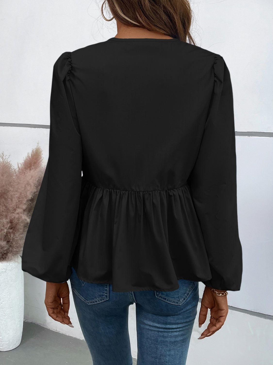 Ivy Lane Peplum Tied Long Sleeve Blouse 