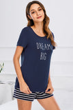 Graphic Round Neck Top and Striped Shorts Lounge Set Lingerie & Nightwear