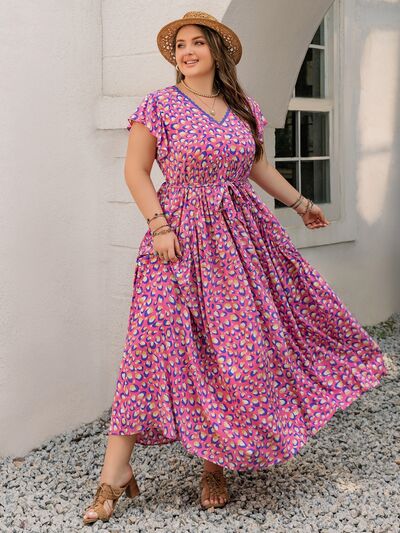 Plus Size Printed V-Neck Flutter Sleeve Tie Waist Maxi Dress Dresses