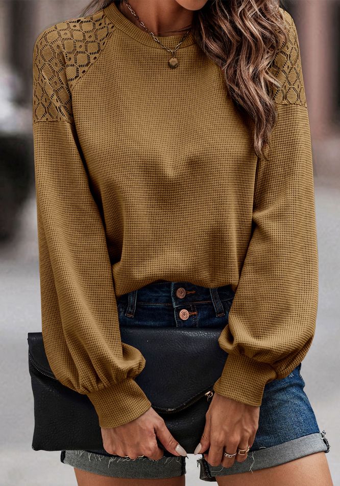 Lace Detail Round Neck Lantern Sleeve Top 