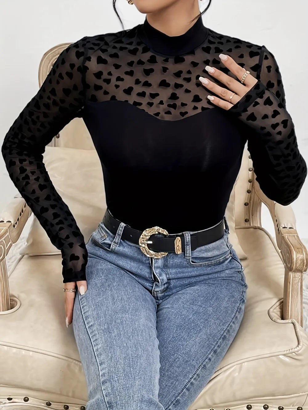 Heart Mock Neck Long Sleeve T-Shirt 