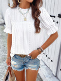 Devine Eyelet Mock Neck Flounce Sleeve Blouse 