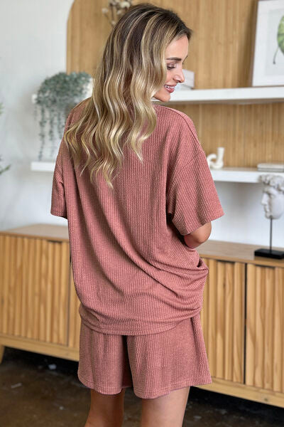 Double Take Full Size Round Neck Short Sleeve T-Shirt and Shorts Set 