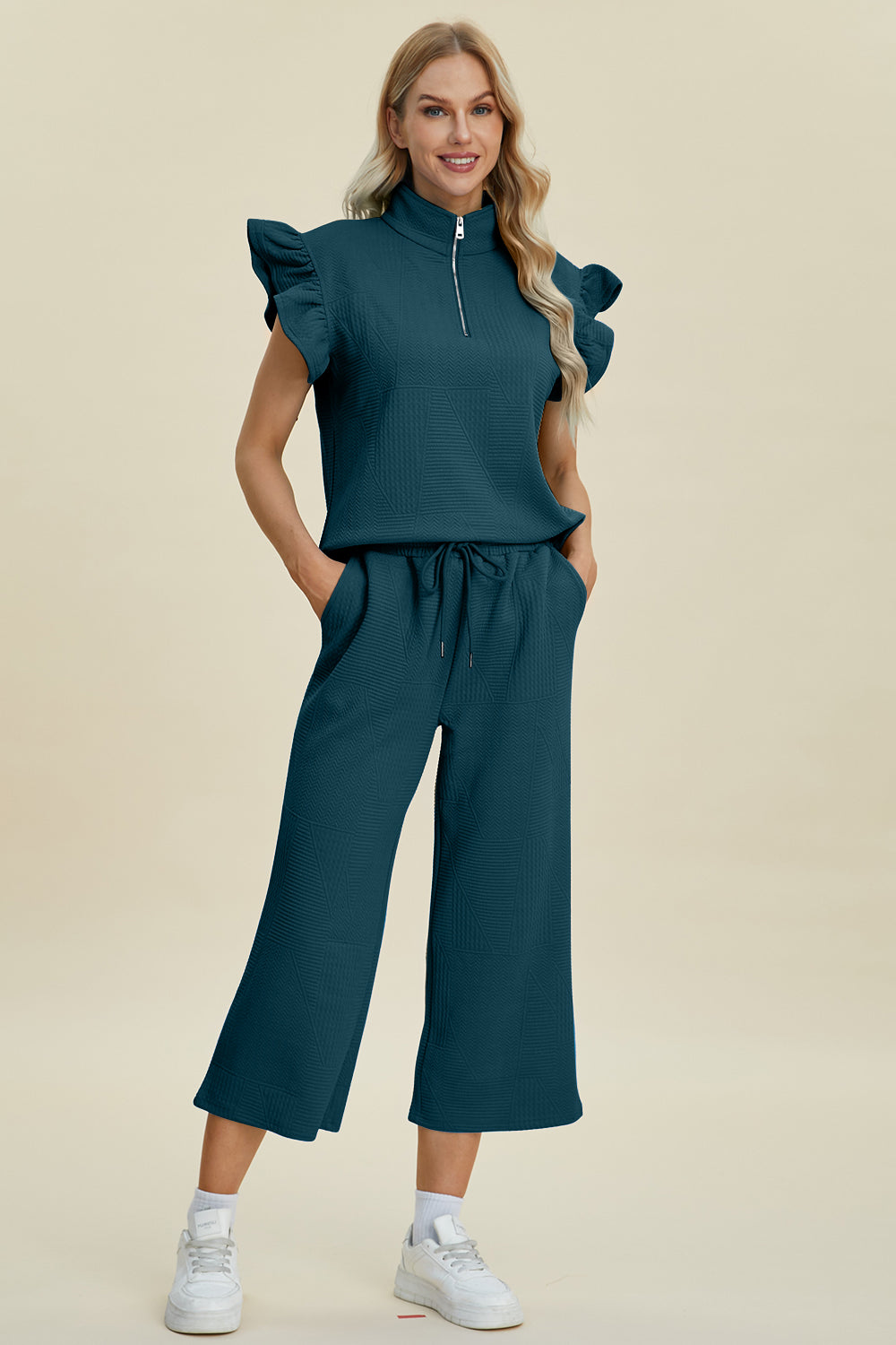 Double Take Full Size Texture Ruffle Short Sleeve Top and Wide Leg Pants Set 