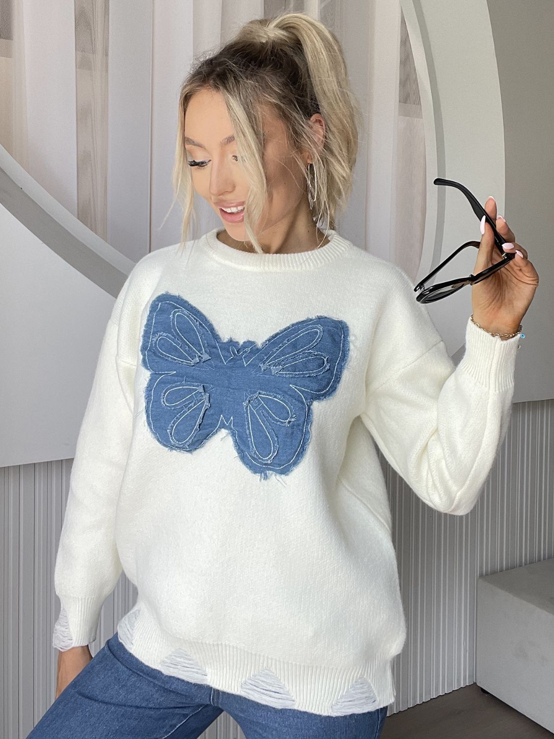 Butterfly Round Neck Long Sleeve Sweater 