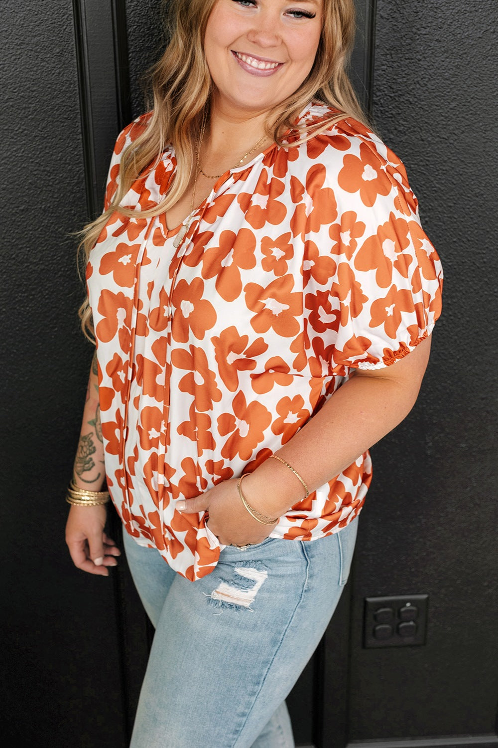 Plus Size Printed Tie Neck Short Sleeve Blouse 
