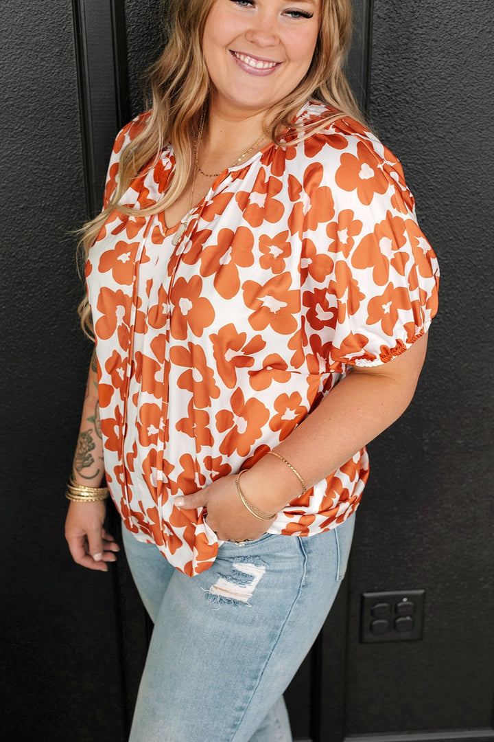 Plus Size Printed Tie Neck Short Sleeve Blouse 
