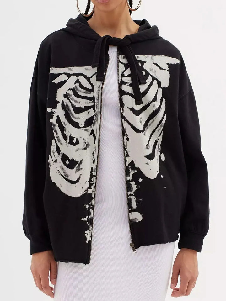 Skeleton Zip Up Drawstring Hoodie 