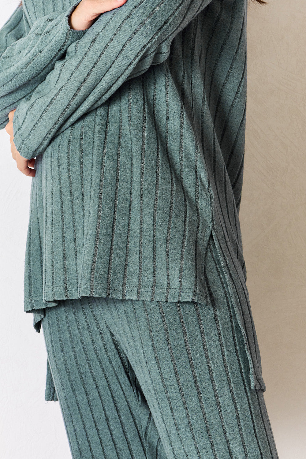 Basic Bae Full Size Ribbed Round Neck High-Low Slit Top and Pants Set 