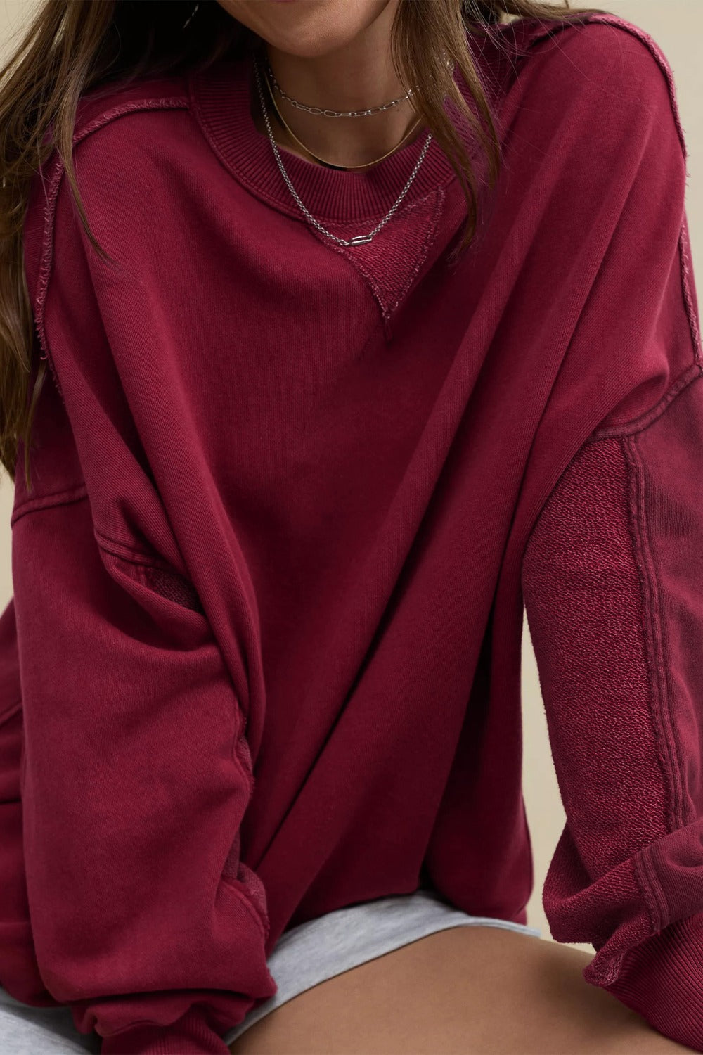 Side Slit Round Neck Long Sleeve Sweatshirt 