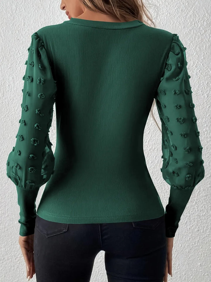 Swiss Dot V-Neck Long Sleeve Top 