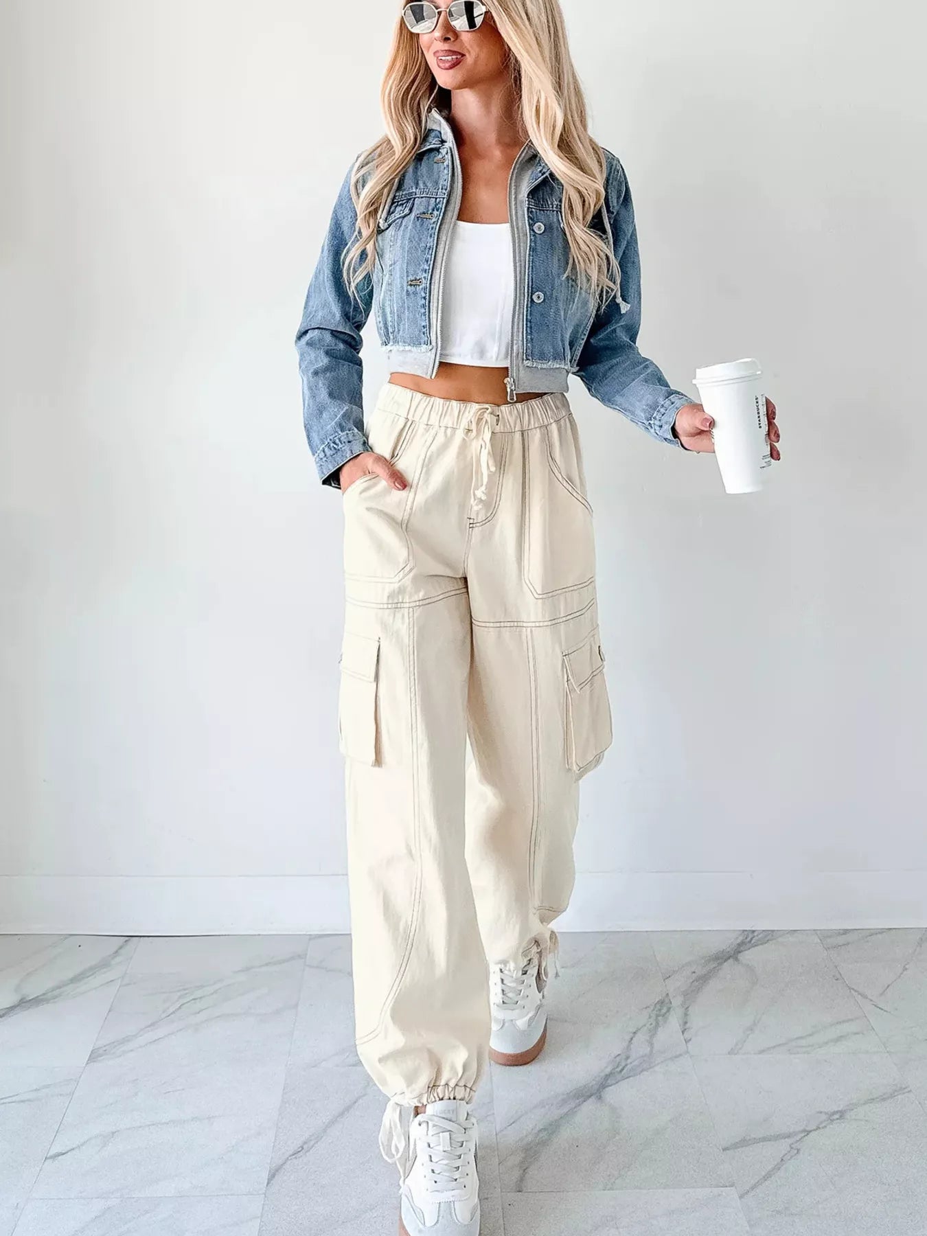 Distressed Zip Up Cropped Hooded Denim Jacket 