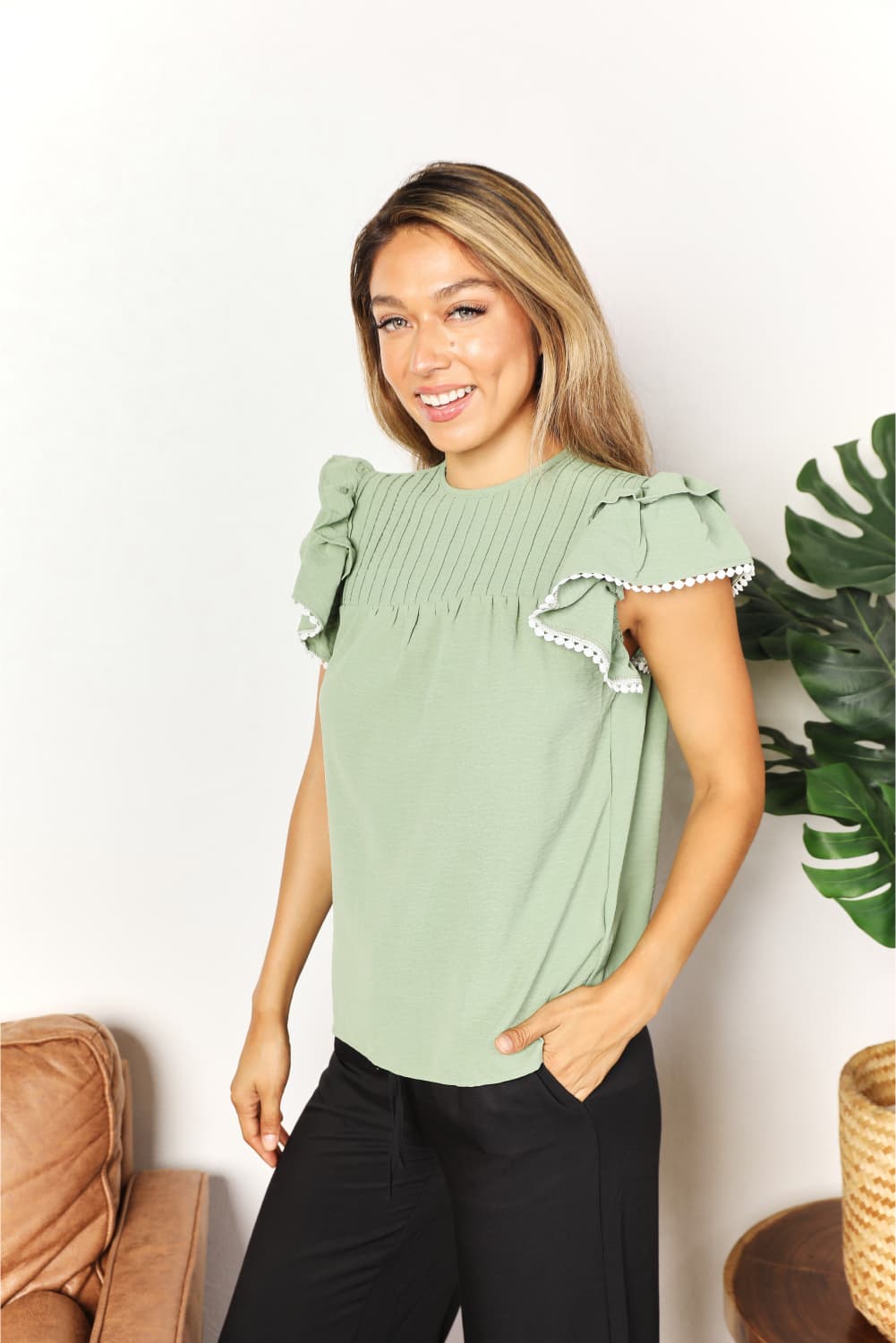 Perfee Pleated Detail Flutter Sleeve Blouse 