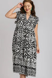 Umgee Full Size Two Tone Border Print Ruffle Cap Sleeve Midi Dress Plus Size Dresses