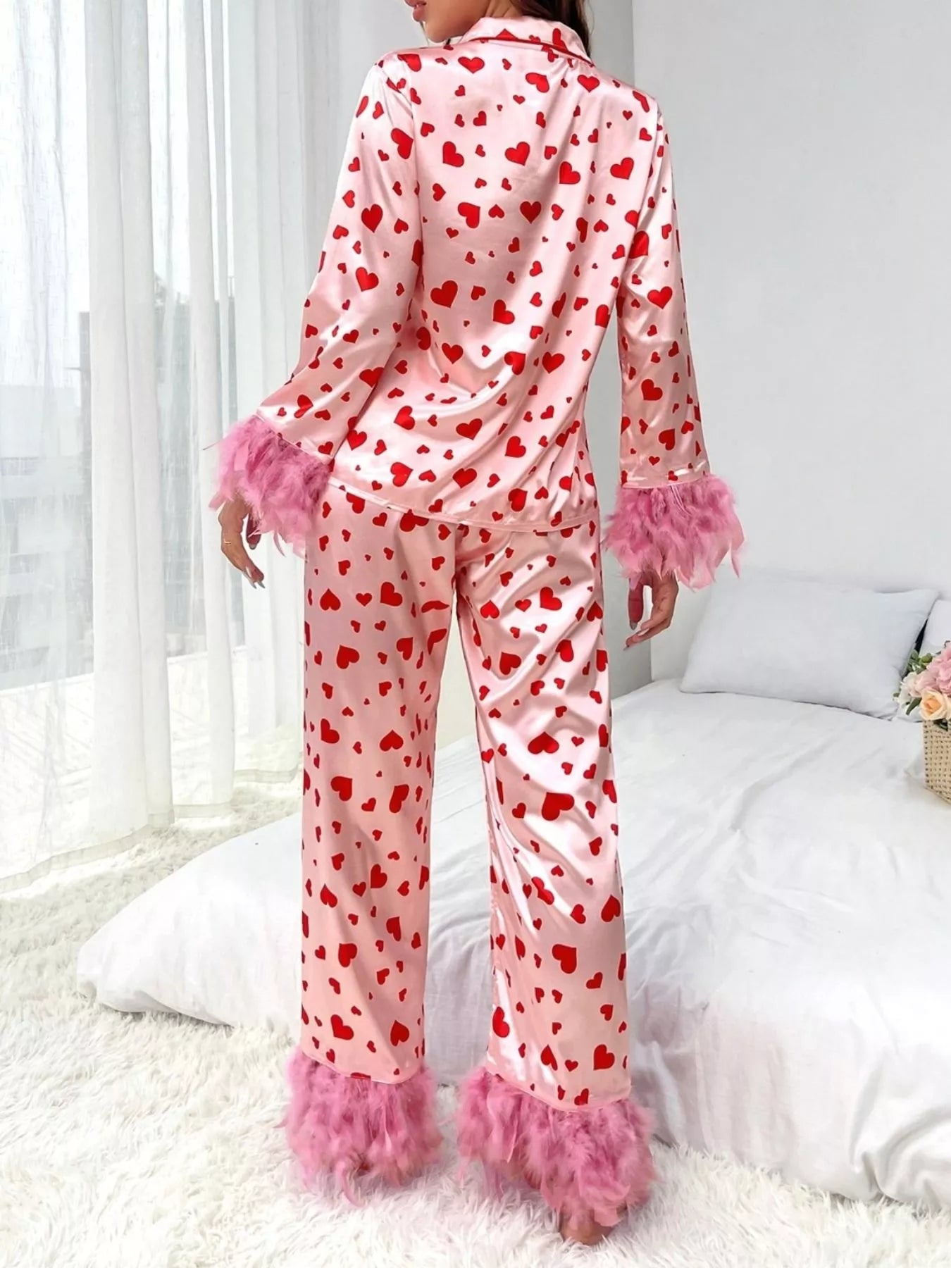 Heart Print Button Up Top and Pants Lounge Set Lingerie & Nightwear