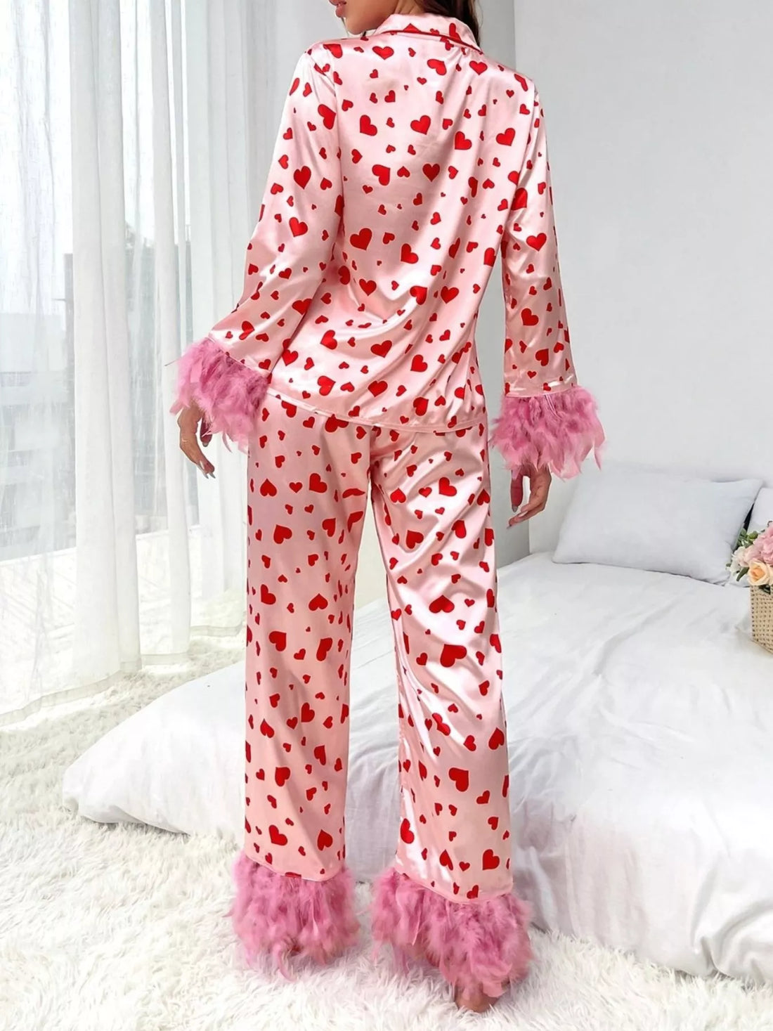 Heart Print Button Up Top and Pants Lounge Set Lingerie & Nightwear