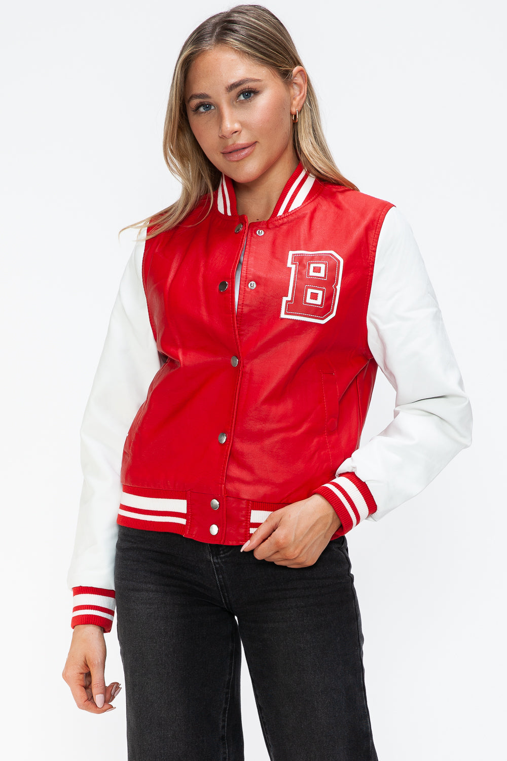 Love Me Now PU Leather Contrast Snap Down Bomber Jacket 