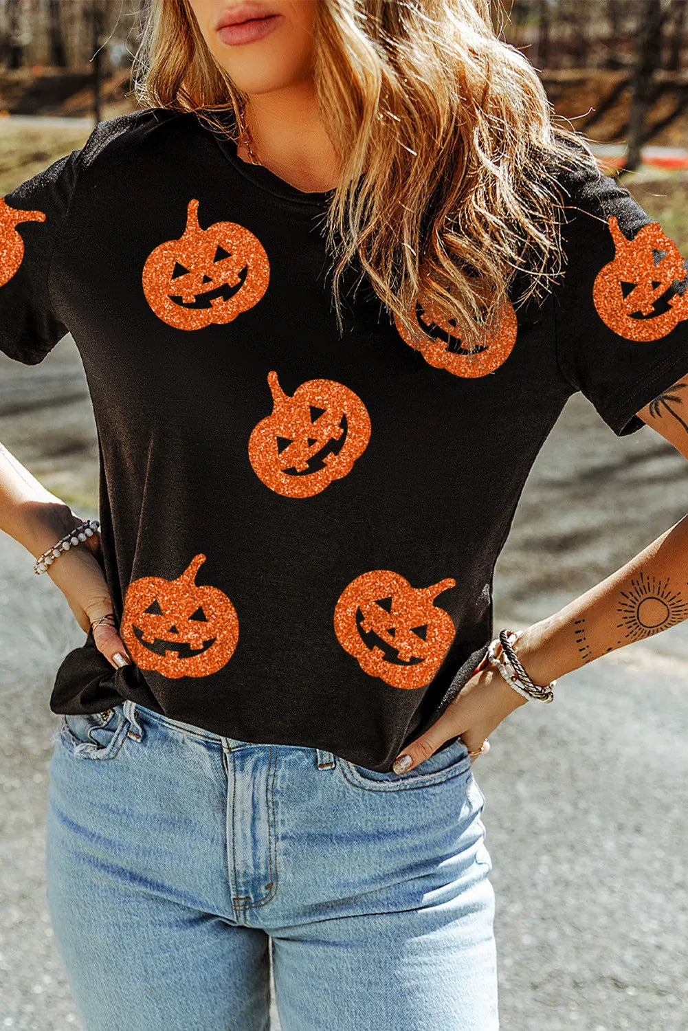 Full Size Glitter Jack-O'-Lantern Round Neck Short Sleeve T-Shirt 