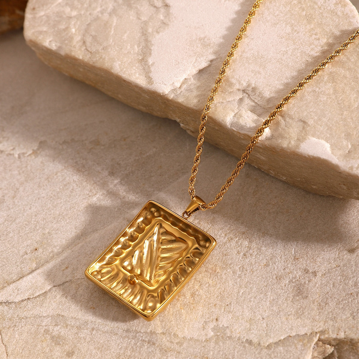 Stainless Steel Inlaid Rhinestone Rectangle Shape Pendant Necklace 