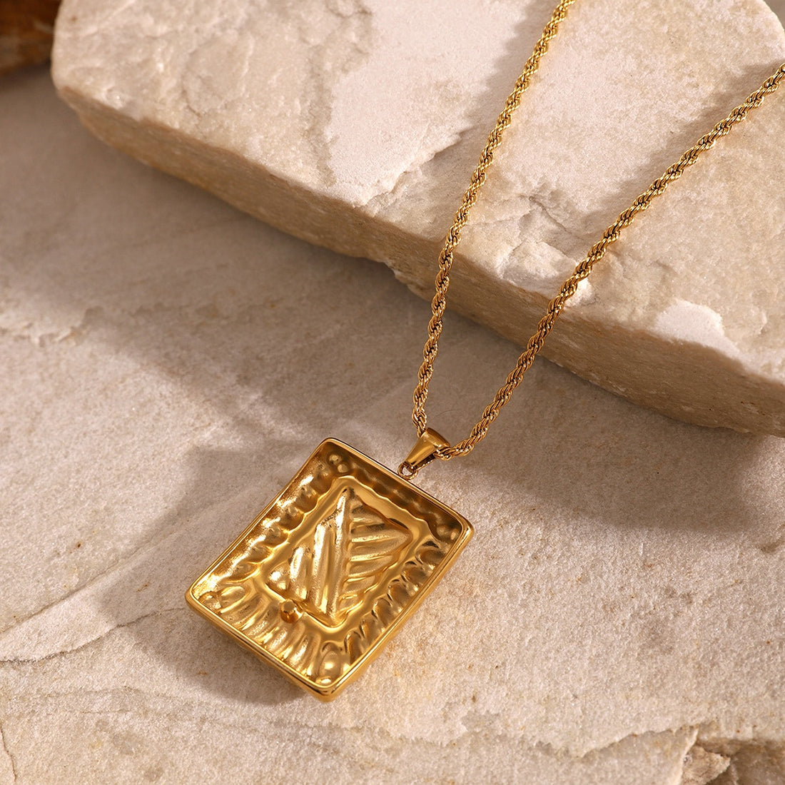 Stainless Steel Inlaid Rhinestone Rectangle Shape Pendant Necklace 