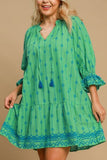Umgee Full Size Tassel Embroidered Flounce Sleeve Mini Dress Plus Size Dresses