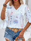 Honey Ruffled Printed V-Neck Half Sleeve Blouse 