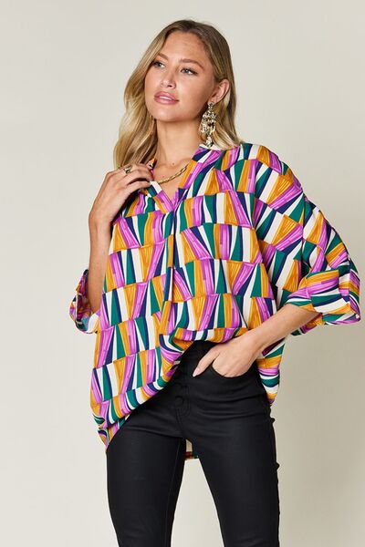 Double Take Full Size Geometric Notched Dolman Sleeve Top 