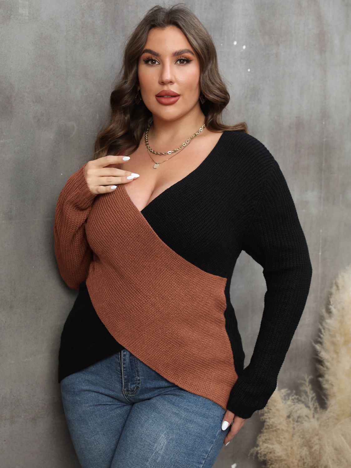 Plus Size Two-Tone Surplice Neck Sweater 