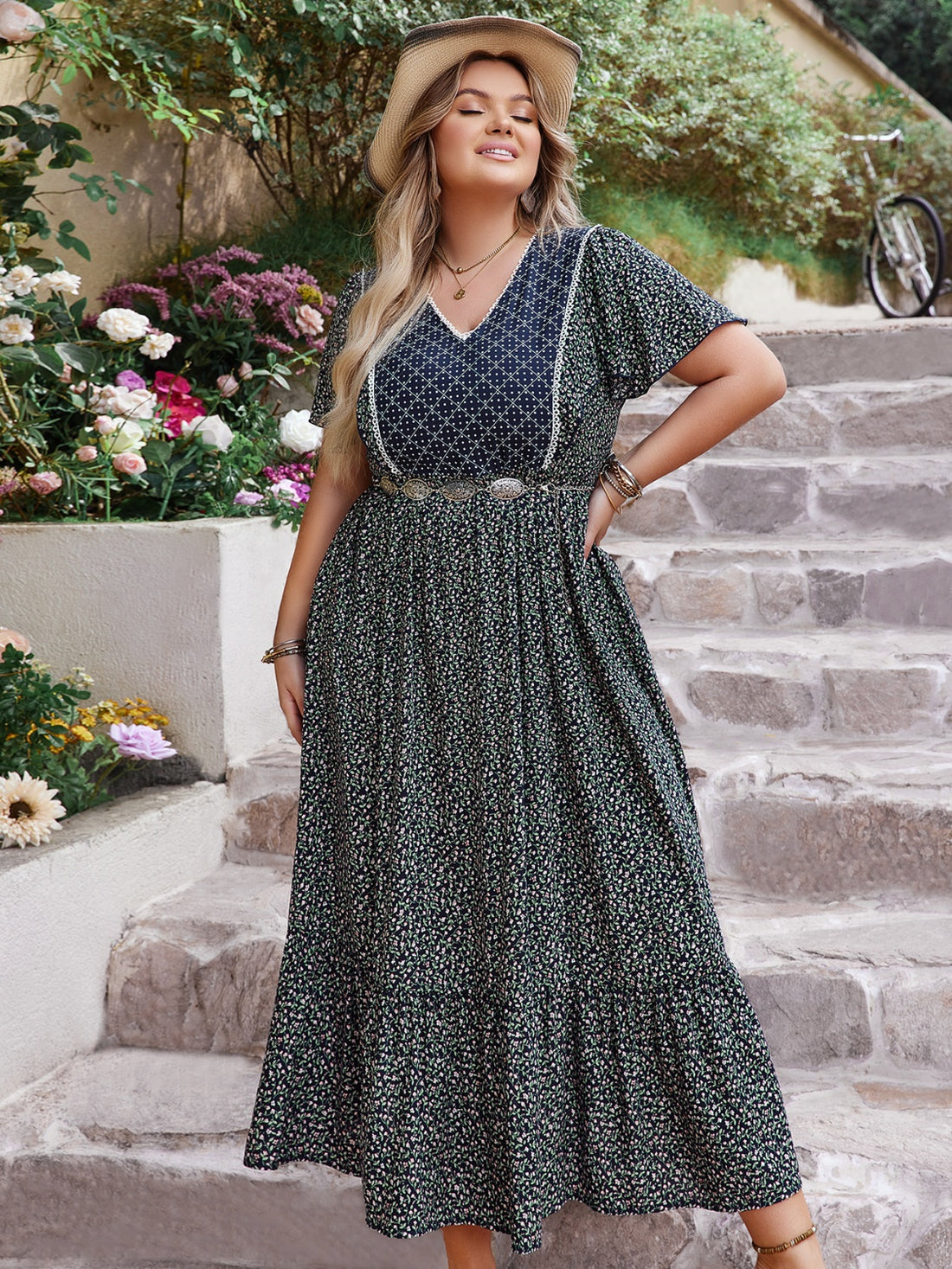 Plus Size Printed V-Neck Flutter Sleeve Midi Dress 