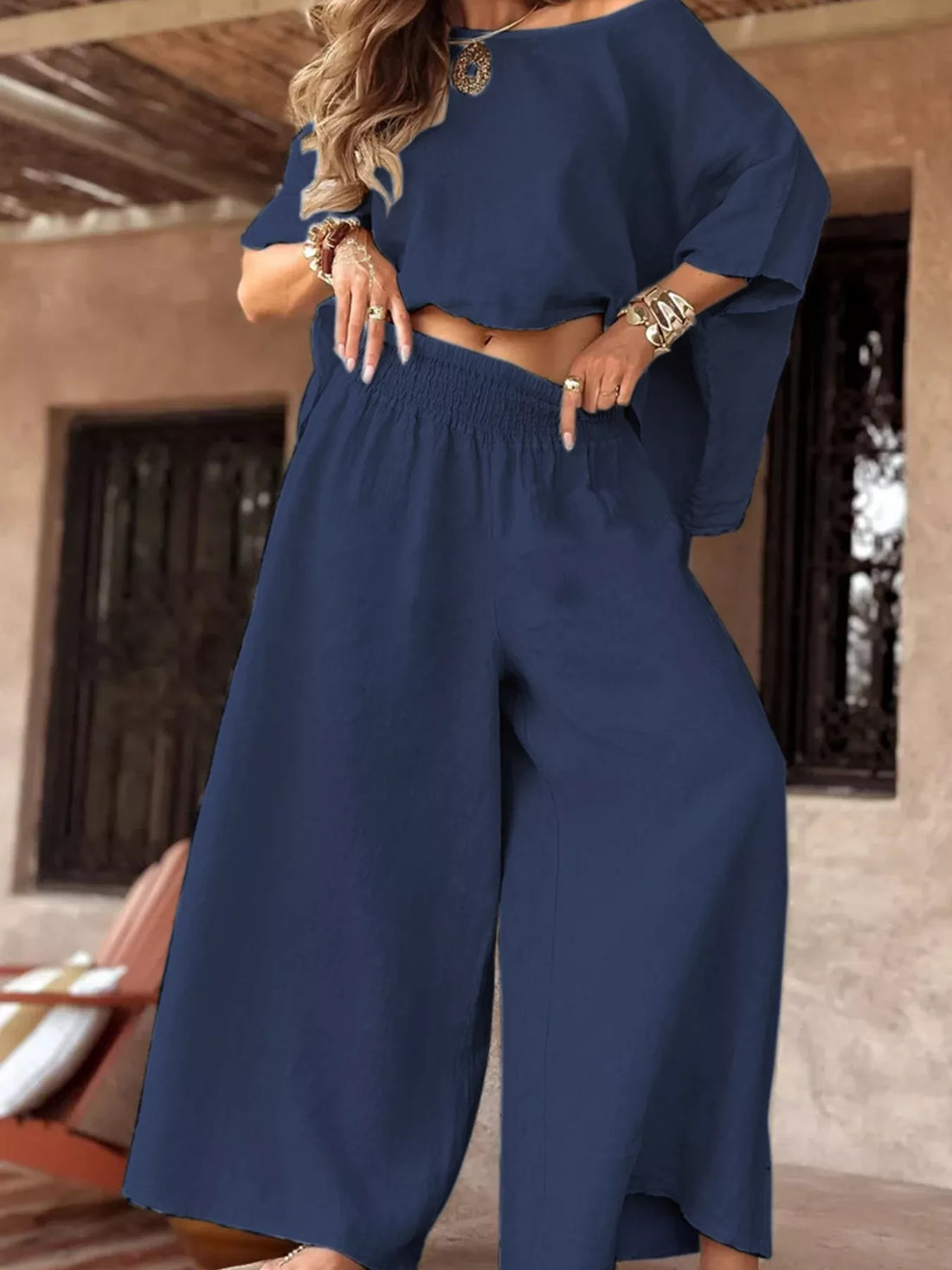 Full Size Boat Neck Top and Wide Leg Pants Set Plus Size Two Piece Dresses
