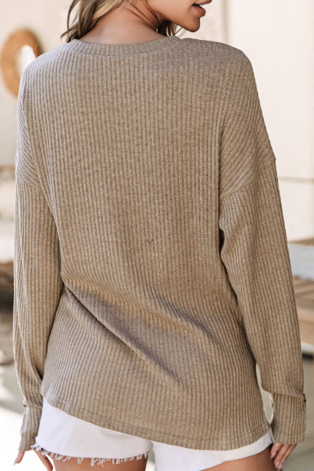 Quarter Button Round Neck Dropped Shoulder Knit Top 