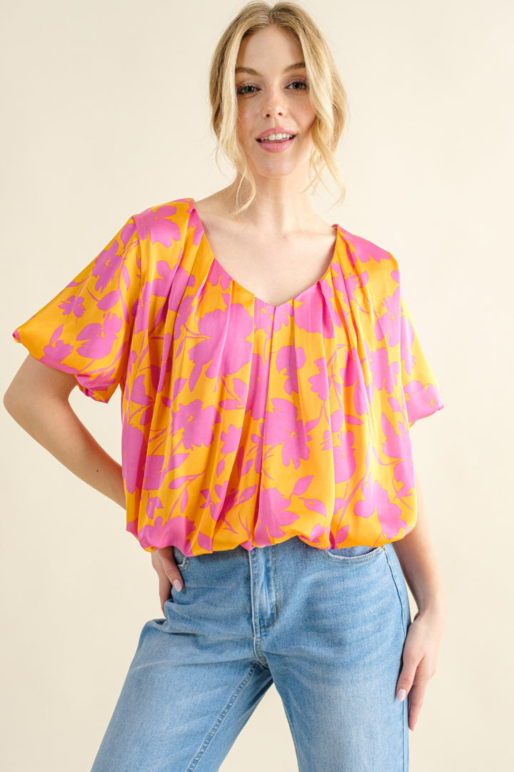 And The Why Full Size Printed Satin Bubble Hem Top 
