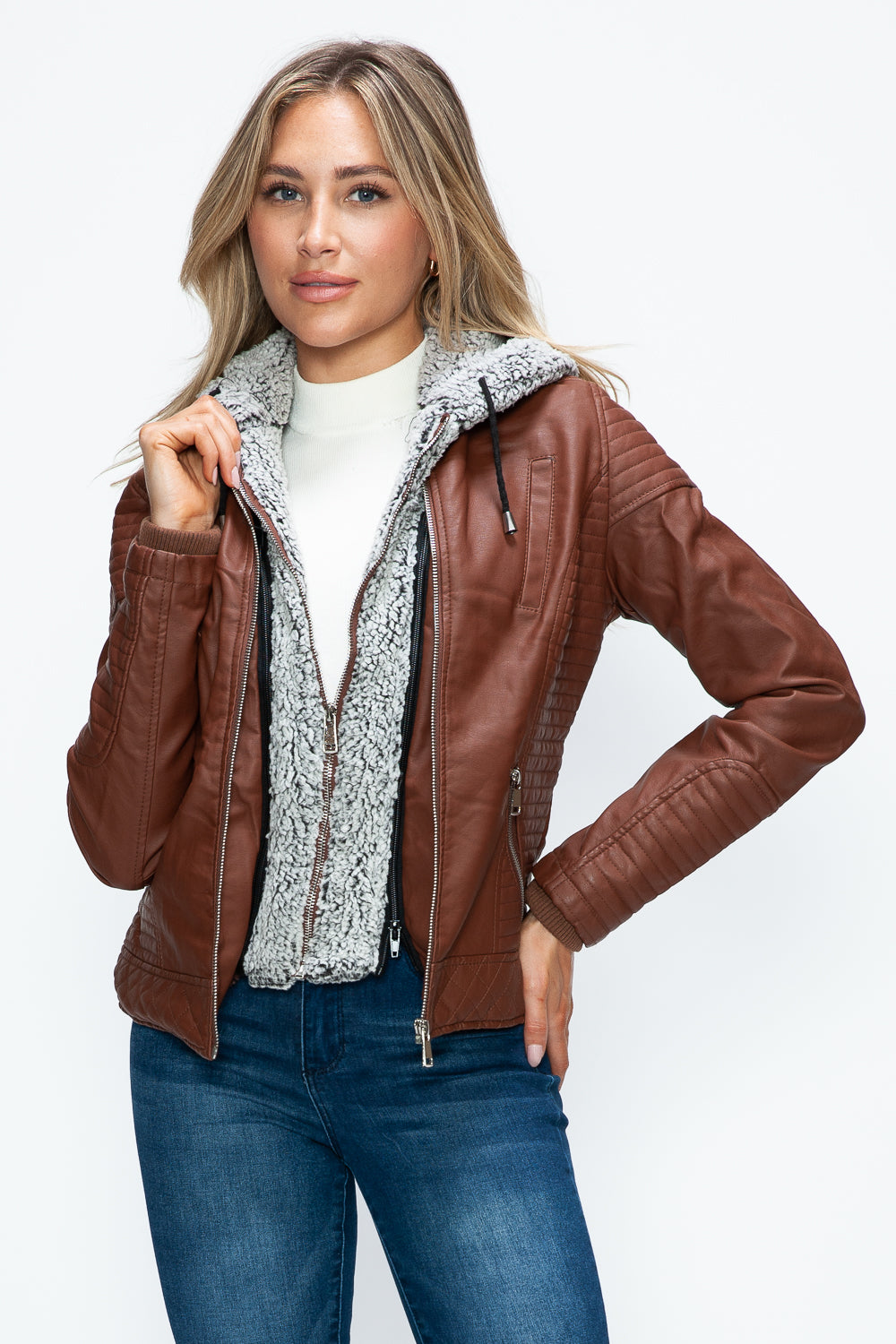 YMI Faux Layered Double-Zipper Jacket with Fuzzy Hood 