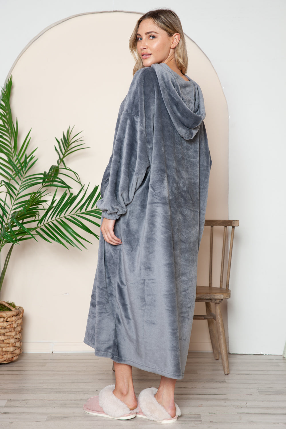 Double Take Full Size Pocketed Hooded Midi Lounge Dress 