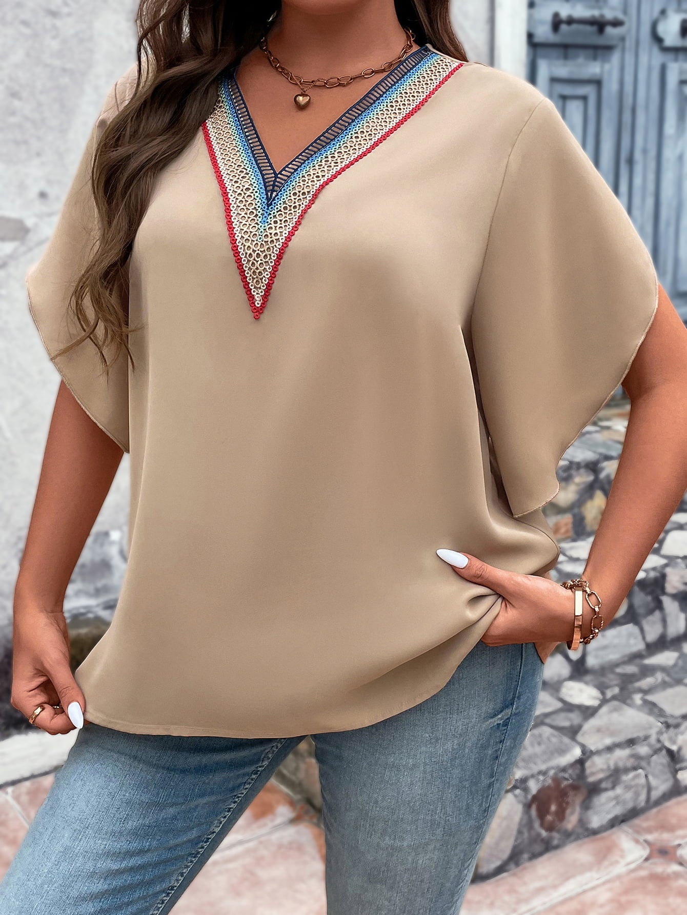 Honey Plus Size V-Neck Flutter Sleeve Blouse 